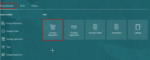 screenshot showing Loging in to Oracle Fusion account , Procurement tab and selecting  Purchase Requisitions 