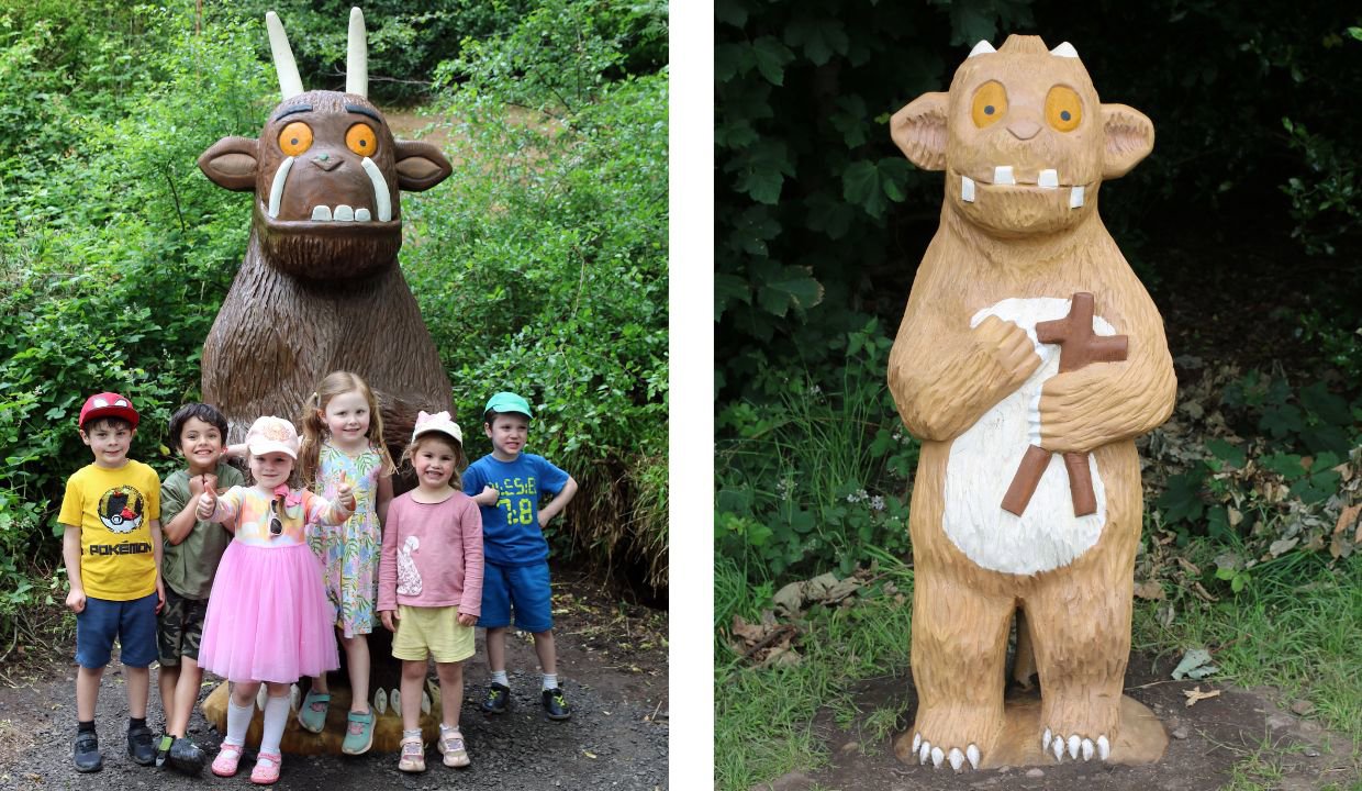 First picture - Children with wooden gruffalo sculpture 
Second picture - Wooden baby gruffalo sculpture