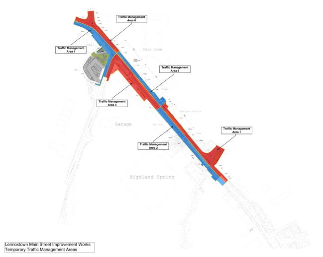 The image shows a plan of the works area along Lennoxtown Main Street divided into 6 traffic management zones, with labels pointing to each of the areas, for example ‘Traffic Management Area 1’, ‘Traffic Management Area 2’ and so on.  Traffic Management Areas 1 and 2 span the section of Main Street from School Lane to the Lennoxtown Service Station. Traffic Management Area 1 occupies the eastbound lane, including the School Lane Junction and part of School Lane; Area 2 occupies the westbound lane to the south.  Traffic Management Area’s 3 and 5 span the section of Main Street from the Lennoxtown Service Station to the Station Road Junction. Traffic Management Area 3 occupies the westbound lane of the street, including part of the Station Road Juction and a small area of Station Road; Area 5 occupies the eastbound lane to the north.  Traffic Management Area’s 4 and 6 span the section of Main Street from the Station Road Junction to the Crosshill Street Junction. Traffic Management Area 4 occupies the westbound lane of the street, including part of the Station Road Juction and a small area of Station Road; Area 5 occupies the eastbound lane to the north including the Crosshill Street Junction.