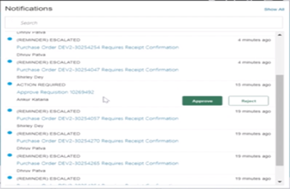 A screenshot of showing the approve or reject purchase requisition button