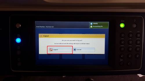 printer screen with the logout button highlighted red