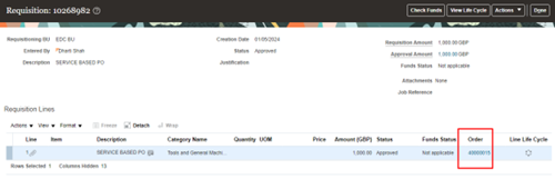 screenshot showing how to Go to Procurement > Purchase Requisition > Manage Requisition > Search for the PR/PO for which the notification has arrived > Click on the PO link.