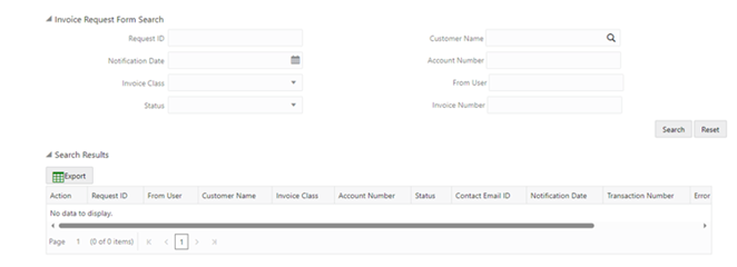 Screenshot showing the Request Form fields, Request ID, Notification Date, Invoice Class, Status. Search Results displaying below.
