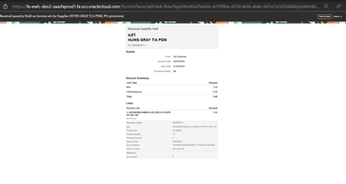 Oracle Fusion Screenshot: Billed quantity exceeds the received quantity