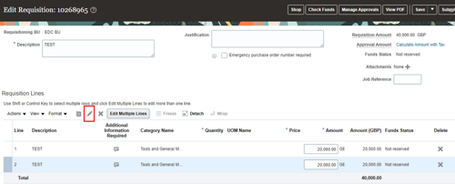 screenshot of oracle fusion edit requisition screen with pen icon highlighted red