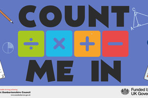 Blue count me in graphic with division, multiply, plus and minus symbols