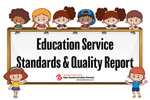 education services standards and quality report sign with cartoon children round it