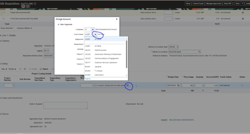 A screenshot of a computer showing  Icon of RHS of Charge code circled in Blue