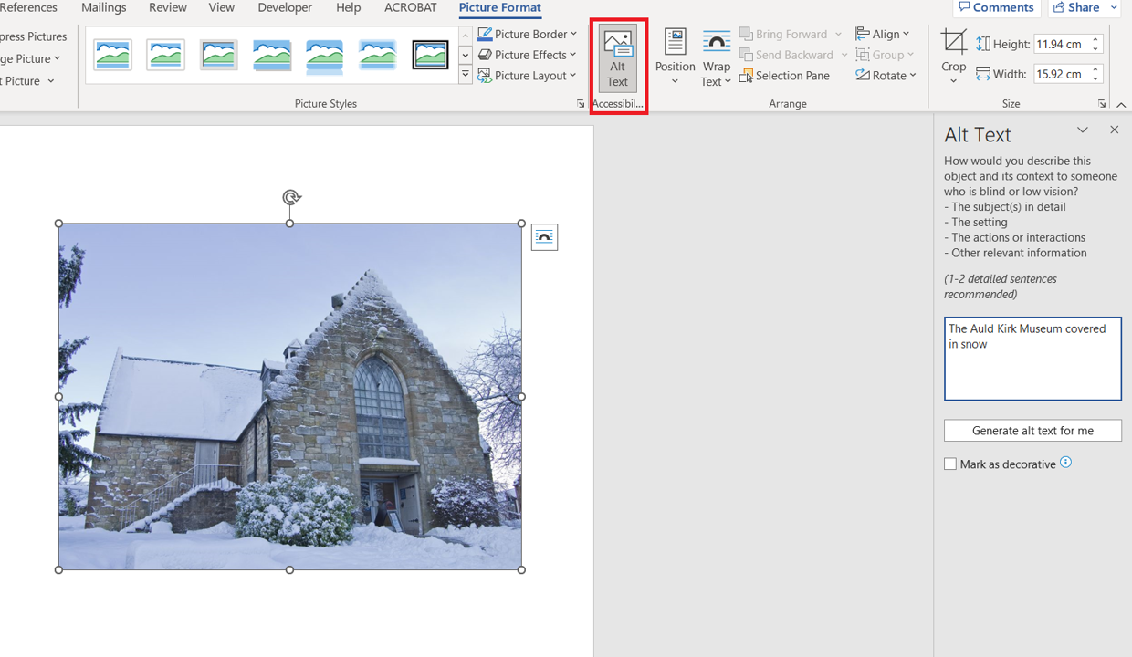 Screenshot of Microsoft Word showing alt text being input for images