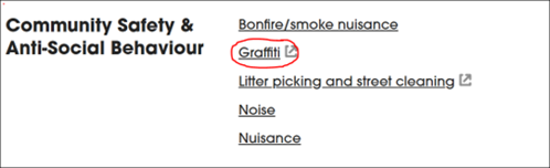 Screenshot of the Report It web page on the Council website with the Graffiti link highlighted red