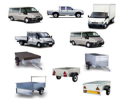 Various sized vans, cars and trailers