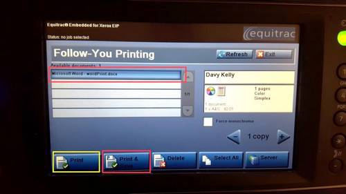 printer screen with the document in the queue selected and highlighted red