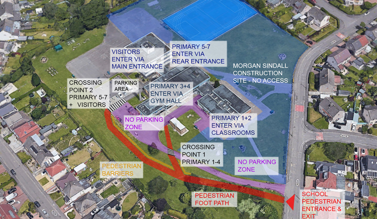 Ariel view of site with entrances marked for pupils and visitors showing routes
