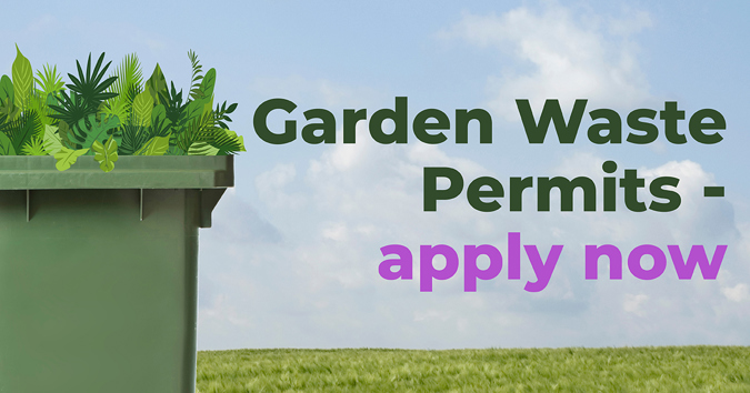 Green wheelie bin graphic with the text 'Garden waste permits - apply now'