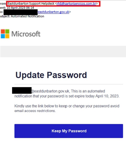 example of phishing email asking employee to update their password 