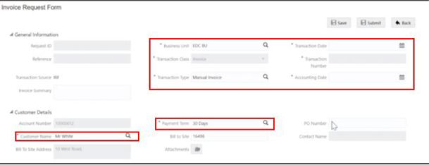 Screenshot of the Invoice Request Form with General info and Customer details highlighted red