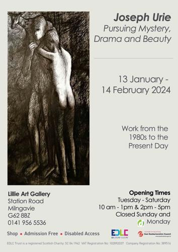 Poster for exhibition at the Lillie Art Gallery in Milngavie – 'Joseph Urie: Pursuing Mystery, Drama and Beauty'. Shown between 13 January and 14 February 2024.