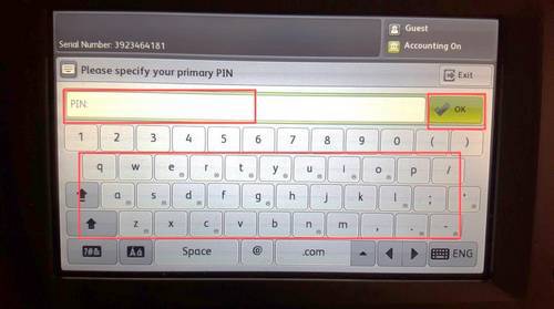 printer login screen with the PIN box and keyboard highlighted red