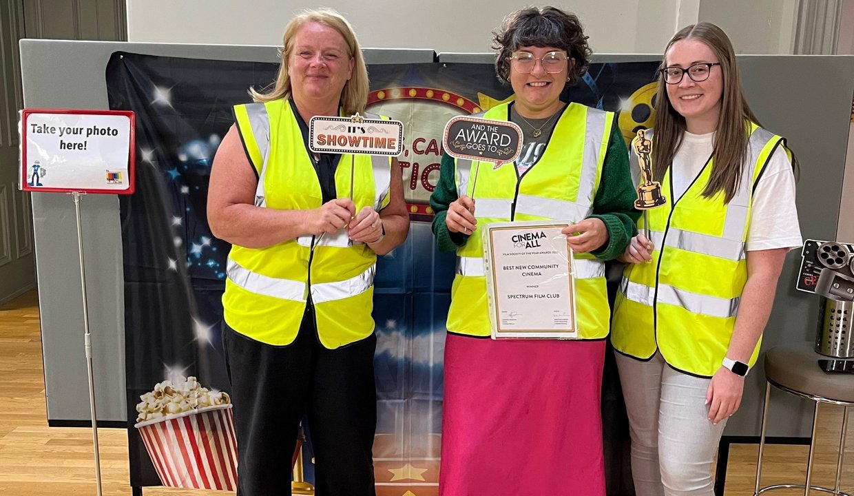 Local Area Coordinators Linda McGavin and Heather McFadyen and Jennifer Brotherston with the club’s Best New Community Cinema 2022 award