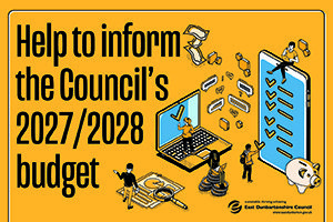 yellow graphic with the text 'help to inform the Council's 2027/28 budget' with various illustrations below including a tablet, laptop and cash