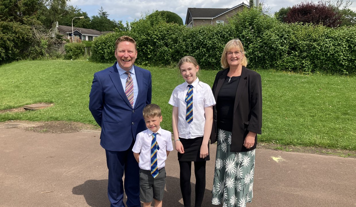 Chief Education Officer, Greg Bremner and Councillor Lynda Williamson pictured with pupils from Mosshead Primary School during a recent visit to celebrate both the school and the Education Service’s recent glowing inspection reports.