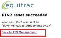 equitrac PIN2 reset succeeded screen with the back to PIN management link highlighted red