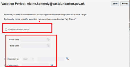 vacation period section with the enable button and start and end date section highlighted