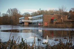 Milngavie library with a swans and ducks on the water