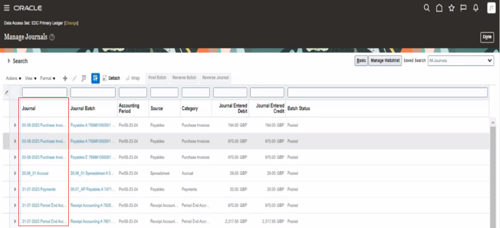 oracle manager journals page with journals highlighted