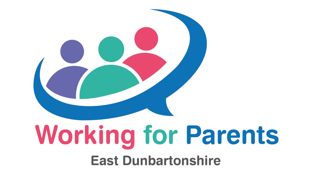 Working for parents logo featuring three people inside a speech bubble and the text 'Working for parents East Dunbartonshire'