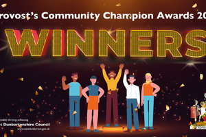 Graphic of people celebrating with the word 'winners' in gold text above them