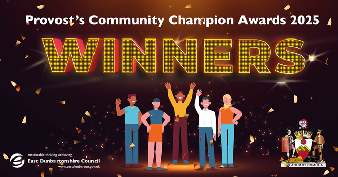 Graphic of people celebrating with the word 'winners' in gold text above them