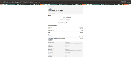 Screenshot showing Invoice price exceeds purchase order price