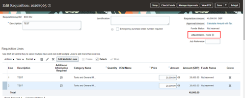 screenshot of oracle fusion with the attachments section highlighted red