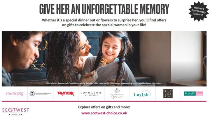 Graphic that reads 'give her an unforgettable memory' with an image of a young girl smiling with a woman next to her and various company logos beneath them