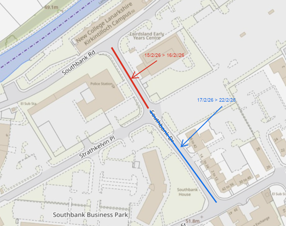 illustration of the area where the works are taking place with phase 1 of the works on southbank drive highlighted red with the dates they are taking place 15/2/2026 until 16/2/2026. phase 2 of the works on southbank drive are highlighted blue with the dates shown 17/2/2026 until 22/2/2026