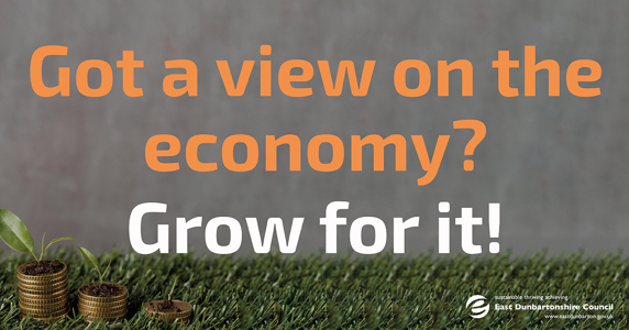 Grass and plant pots graphic with the words 'got a view on the economy? grow for it!'