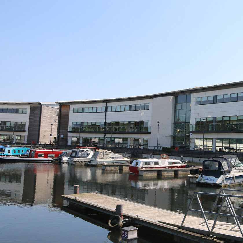 Southbank Marina on a bright day with the Council offices and boats in view