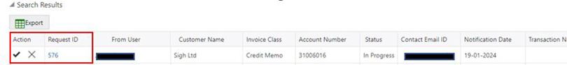 Screenshot of the search results with the Action and Request ID highlighted with a red rectangle