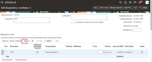 screenshot of oracle fusion with the requisition lines section highlighted red