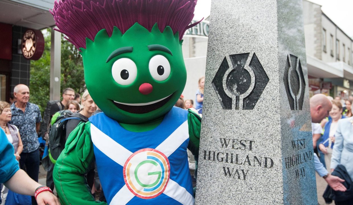 Glasgow Commonwealth Games mascot at the start of the West Highland Way