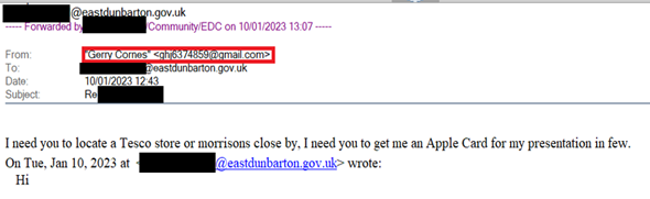 Phishing email send to council employee asking a member of staff to buy a voucher
