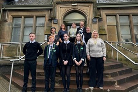 Provost Renwick with Lenzie Academy pupils and Families Outside reps