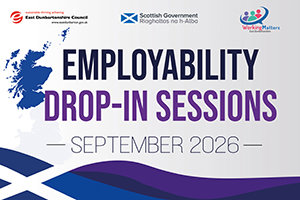Graphic that reads 'employability drop-in sessions september 2026' featuring a map of Scotland and a saltire
