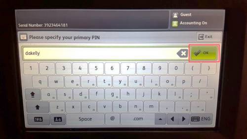 prfinter screen with the username entered and the OK button highlighted red