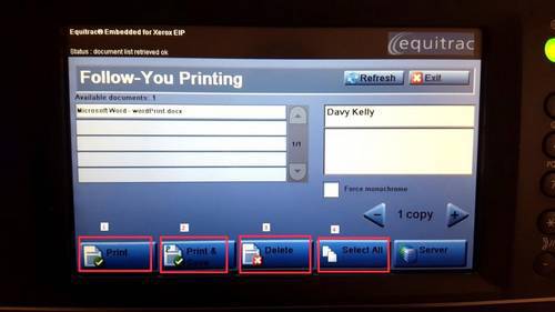 printer screen with document queued and the print, delete and select all buttons highlighted red