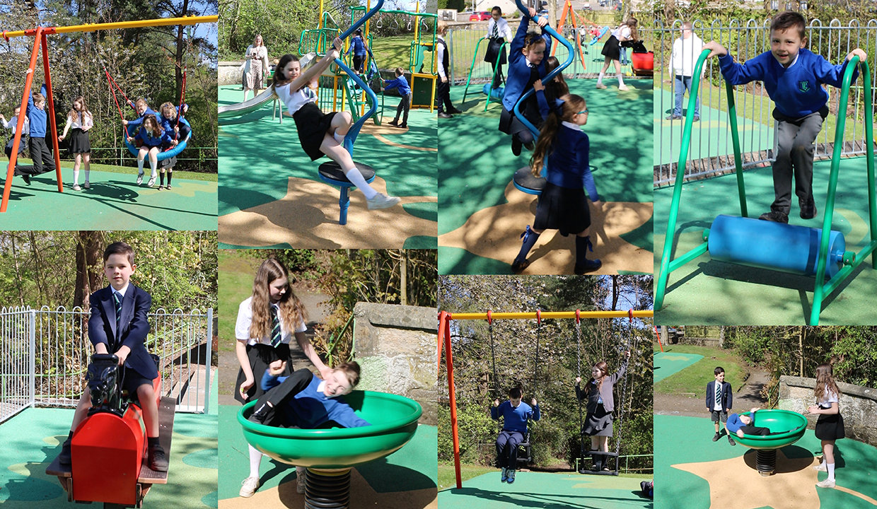 Pupils from Torrance Primary School trying out out all the equipment at the official opening of the play area
