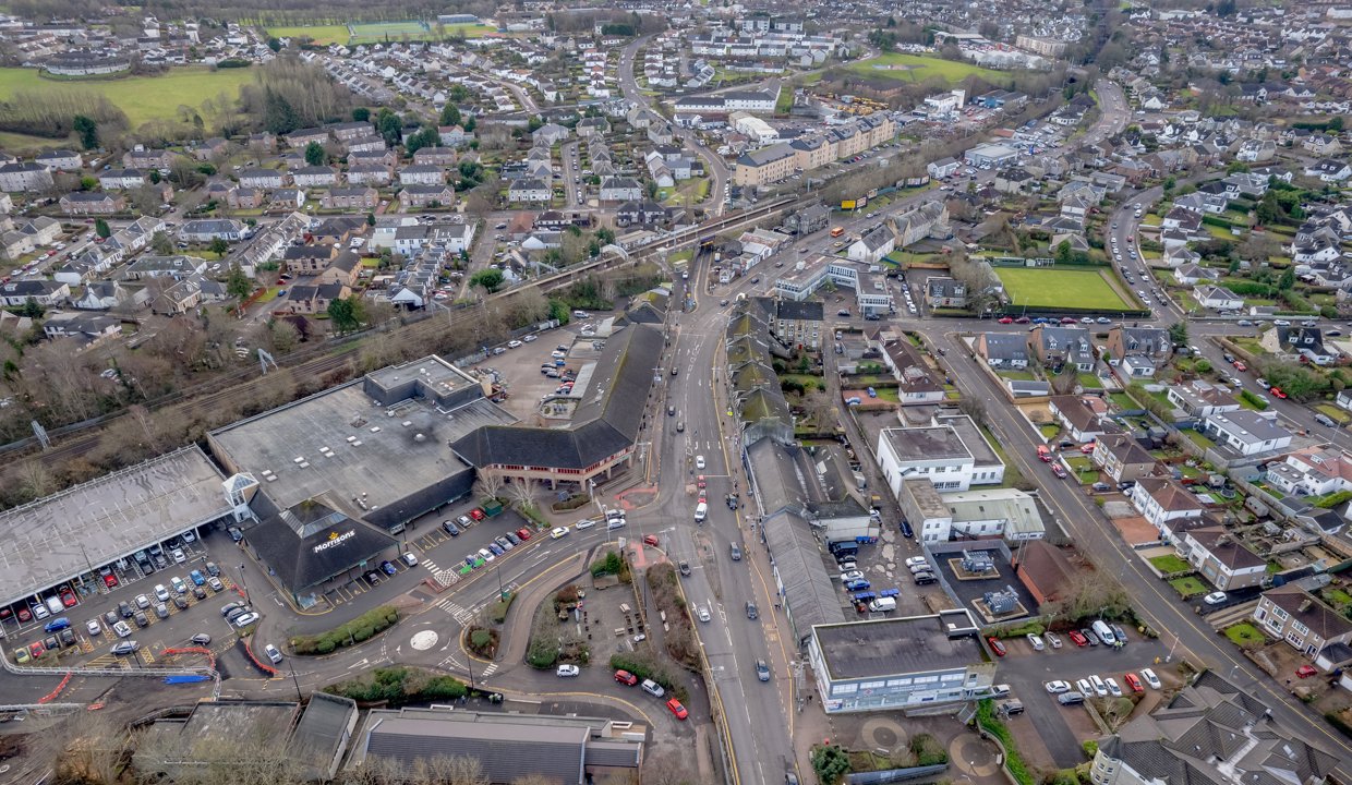 aerial view of Bishopbriggs town centre, facing south towards the rail station.