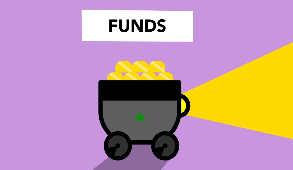 A cartoon of a mining cart containing money with a light in front and the word “Funds” written above