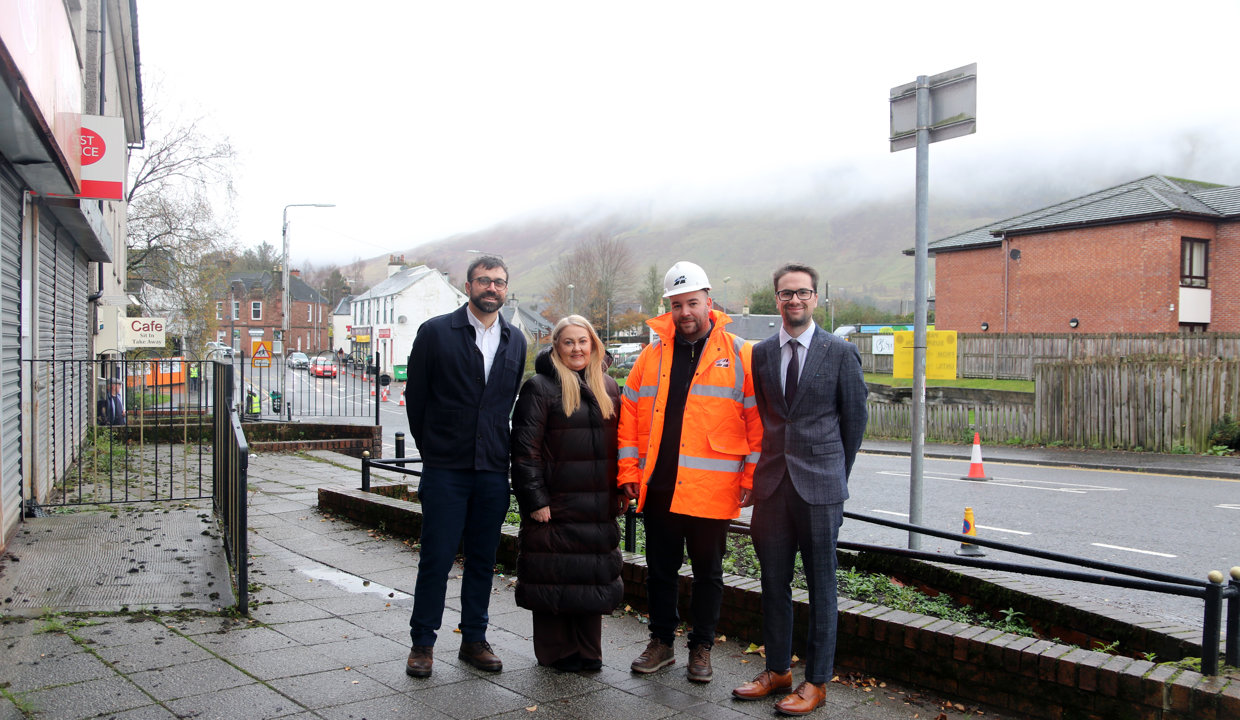 Andrew Wilkinson, Regeneration & Town Centres, East Dunbartonshire Council; Mary Docherty, Director of Bus, Concessionary & Active Travel, Transport Scotland, Chris Rae, Luddon Construction; Councillor Paul Ferretti, Convener of the Place, Neighbourhood and Corporate Assets committee pictured on Lennoxtown Main Street as work gets underway.